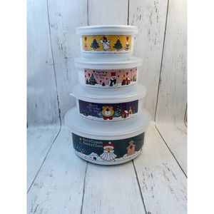 Vtg Country Christmas 4 Enamel Stacking Bowls w/ Lids Santa Snowman Bears Hearts